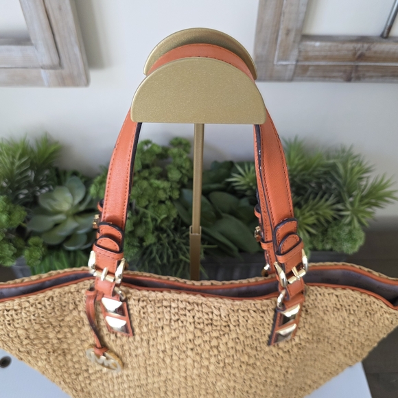 Michael Kors Santorini Raffia Basket Tote Tan Straw Tangerine Leather MK Charm - Picture 4 of 12